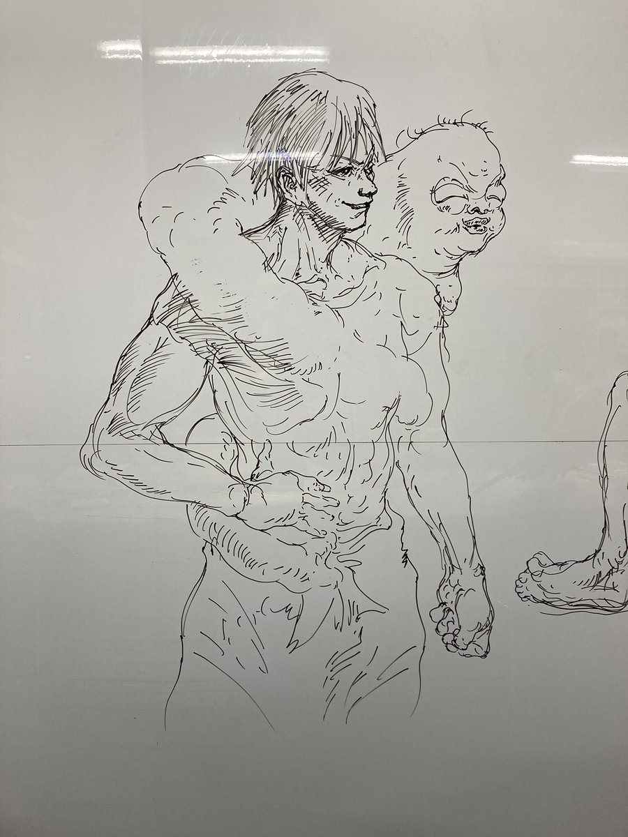 今日のホワイトボード。学生のリクエストで描いた伏黒甚爾。向かって右にはとても公開できないものを学生と合作してしまった。
#伏黒甚爾 #呪術廻戦 