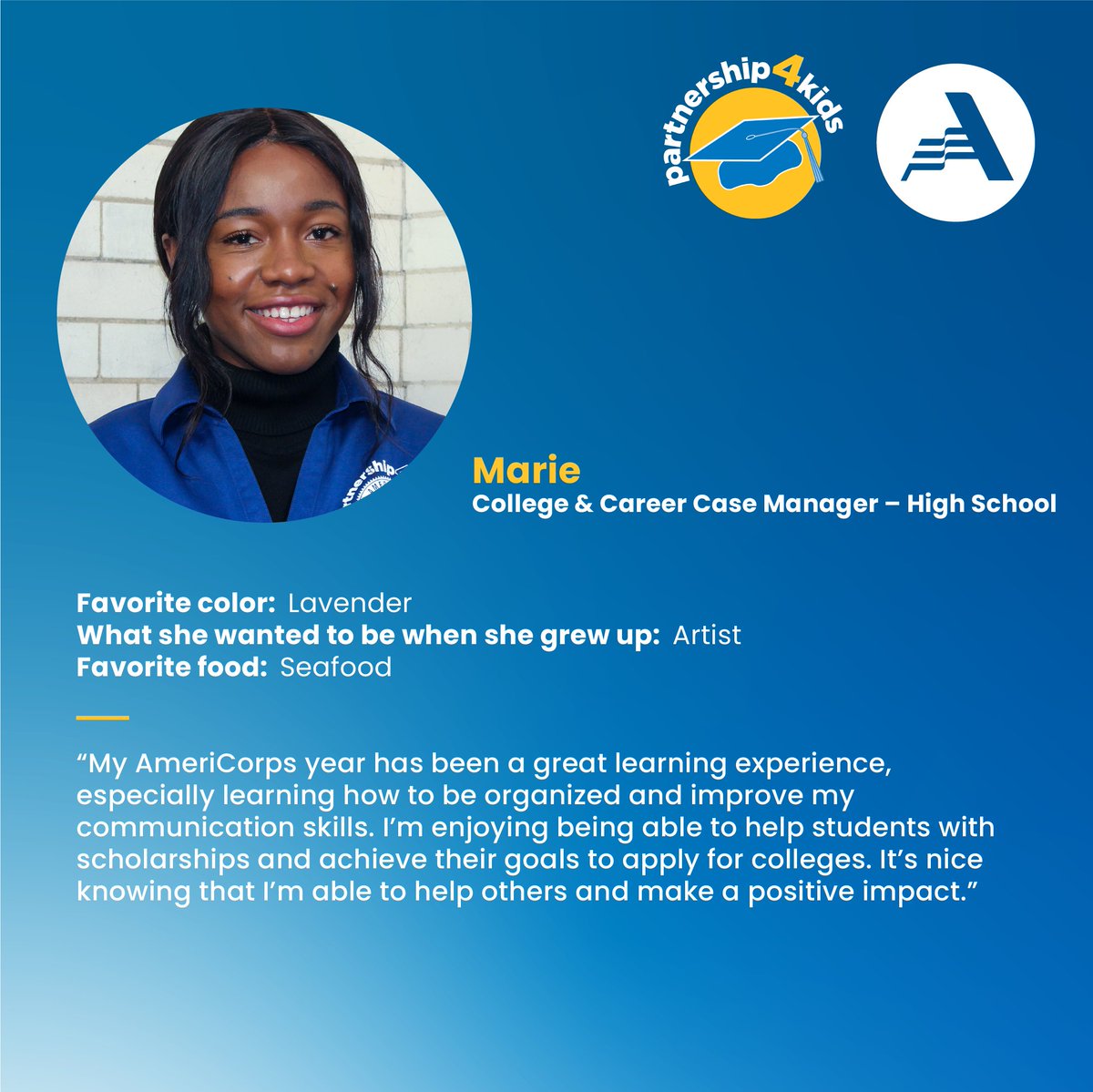 Meet one of our <a href="/AmeriCorps/">AmeriCorps</a> Members for #AmeriCorpsWeek! Marie works with high school students to prepare them for the transition from high school to college by assisting with applications, academic support, case management, and more!

#WeAreAmeriCorps #AmeriThanks