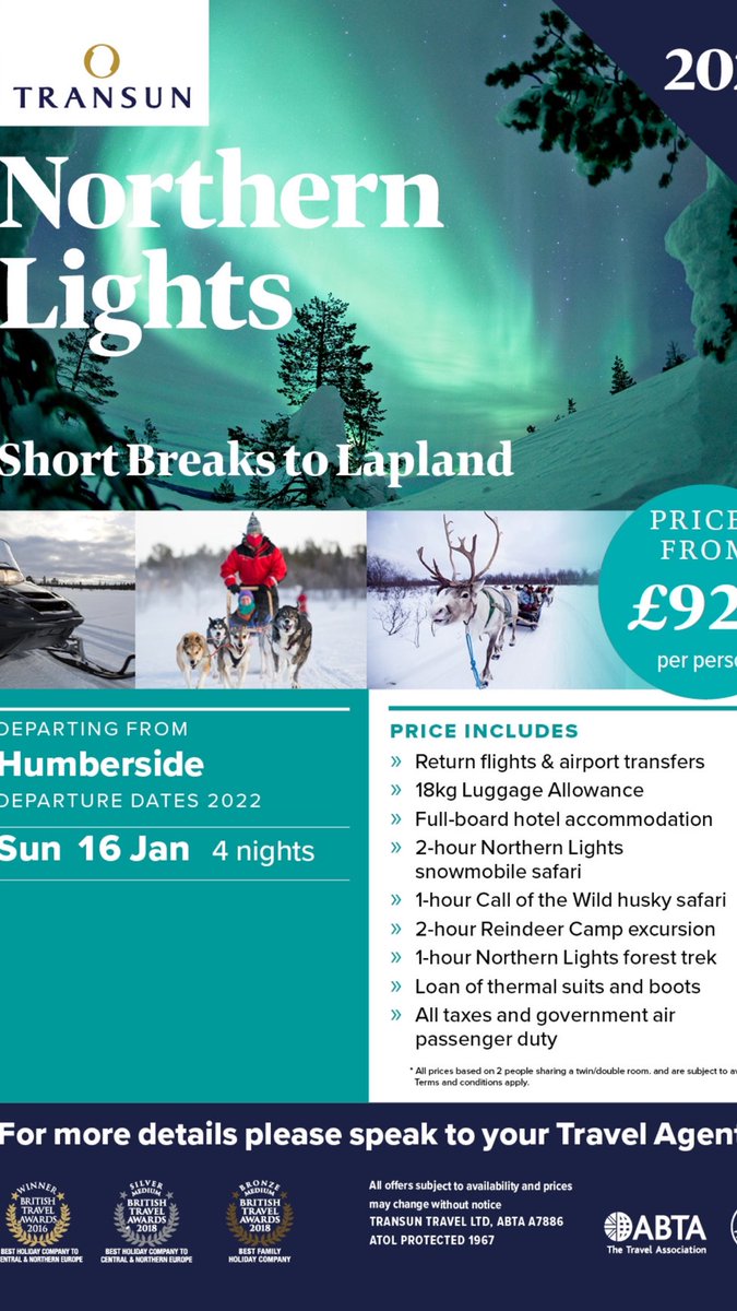 Book a fab little trip to #lapland to see the #northernlights from ##humbersideairport ... limited spaces ... call us at #morantravel today on 01507 600606