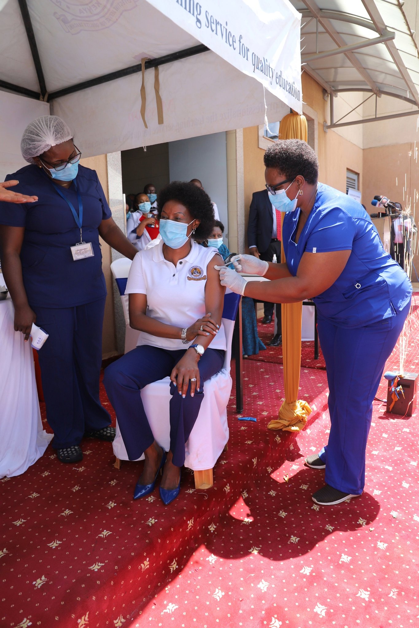 Dr. Nancy Macharia receives her Covid 19 jab at TSC head quarters in Upper Hill, Nairobi. She called on teachers to take advantage of this exercise and get vaccinated.