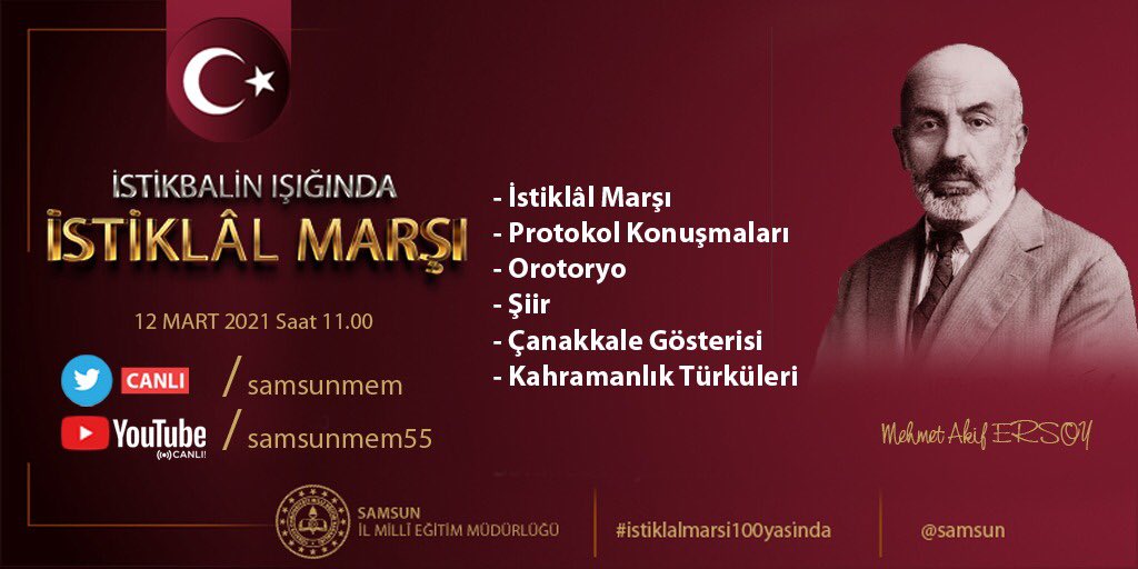 İstiklal Marşı'mızın kabulünün 100. yıl dönümü münasebeti ile hazırladığımız "İstikbalin Işığında İstiklal Marşı" programımıza sizleri de bekliyoruz.#İstiklalMarşı100Yaşında #Samsun