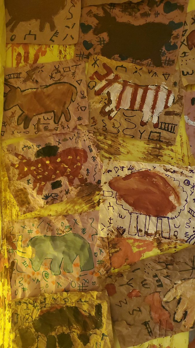 So we took a virtual field trip to the Lascaux caves in France to check out one of the first civilizations to create art! So we crumpled our paper and made us a cave. The best way to learn is to experience it!!!! Here's our version of the Lascaux Cave. #NationalYouthArtMonth