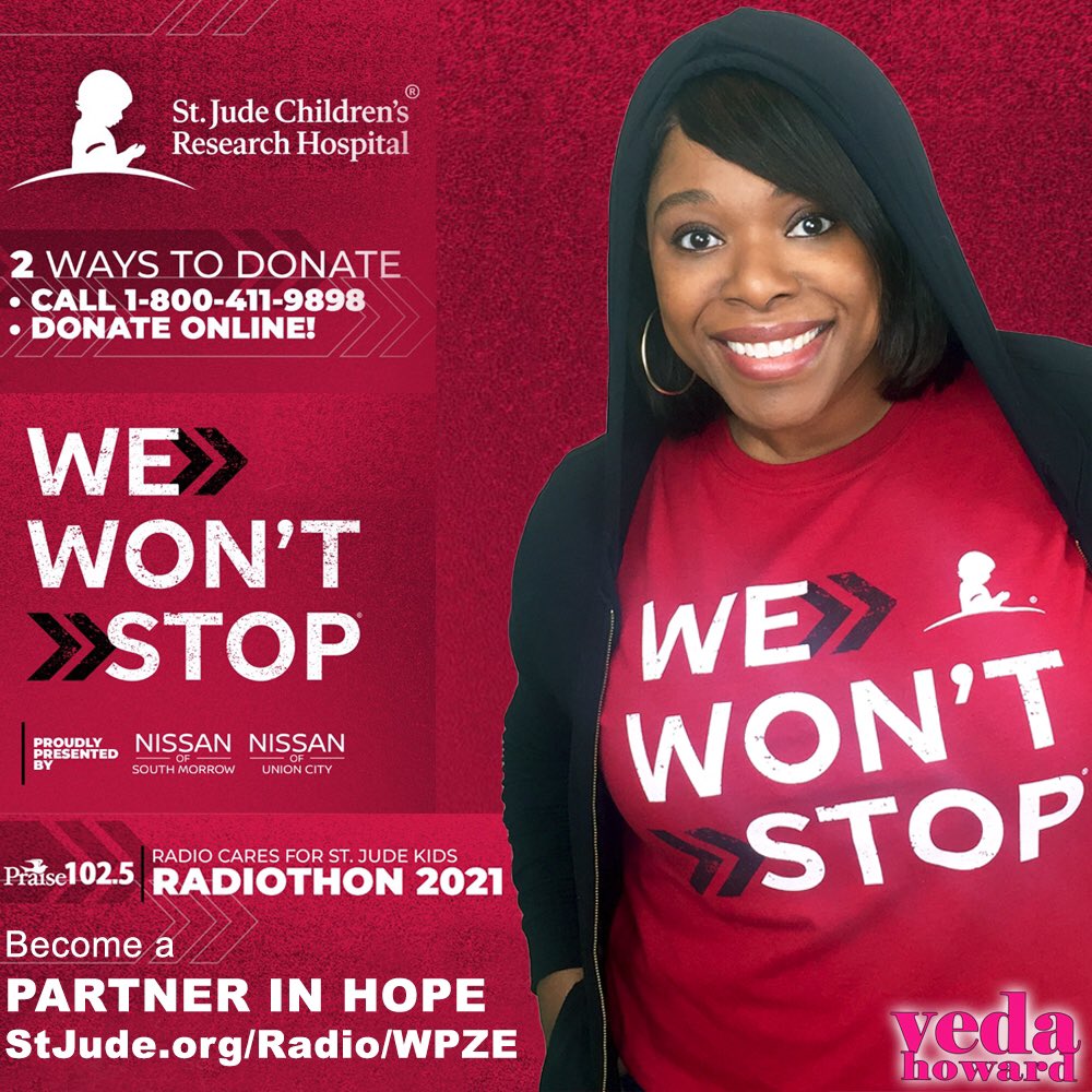 vedahoward's tweet image. You can LITERALLY save lives by becoming a @StJude Partner in Hope today! 
Every dollar makes sure families never receive a bill from #StJude &amp;amp; focus on bringing home a healed, happy child. Please join me. ❤️🙏🏾❤️ And get a dope t-shirt! 
StJude.org/Radio/WPZE 

#StJudeWontStop