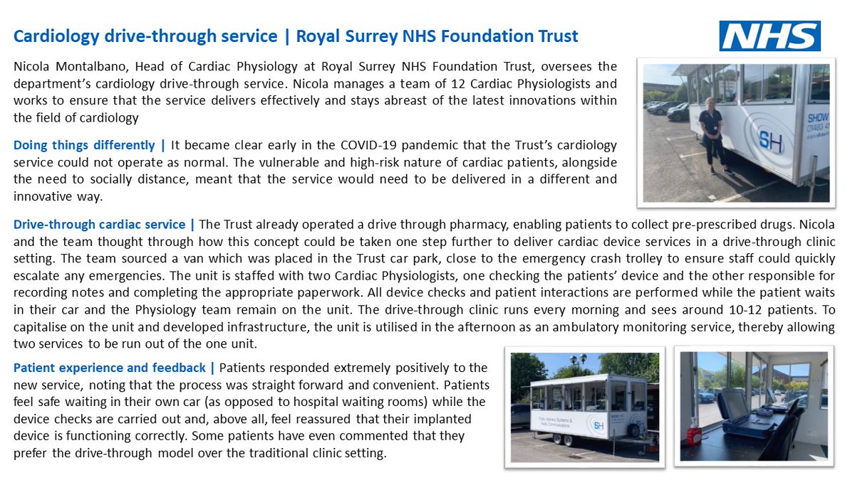When times are changing, we need to do things differently. In an innovative response to COVID-19, the Cardiology department at <a href="/RoyalSurrey/">Royal Surrey</a> launched a drive-through service for vulnerable patients. #HCSweek21 #WeareHCS