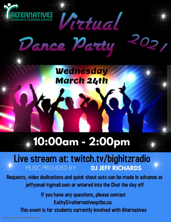 AlternativesCPS's tweet image. Alternatives in partnership with DJ “Jeff Richards” is throwing its first ever Virtual Dance Party!!! 
On March 24th between 10am-2pm join us throughout the day for a fabulous video dance party.
 
Link: twitch.tv/bighitzradio join in on the fun!!!