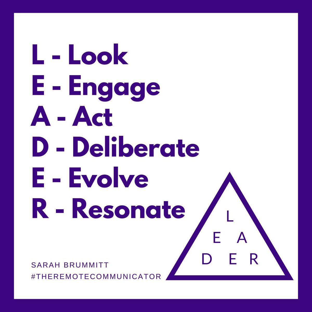 Musaheba2's tweet photo. What are the hallmarks of #executivepresence?
L - Look
E - Engage
A - Act
D - Deliberate
E - Evolve
R - Resonate
#leadership #remotepresence #futureofwork #leadingthroughchange https://t.co/SUwD6xZSvh