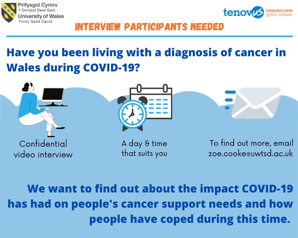 Please RT: I'm looking for individuals (18+) with a cancer diagnosis, living in Wales during the pandemic, to take part in an online interview about their experiences of accessing support and how they have coped. Please share with anyone you think may be interested. #COVID19
