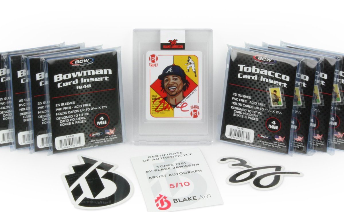 BCWSupplies's tweet photo. Follow and RT by Sunday, March 14th, for a chance to win this Acuña Jr. @Topps ’51-style card, signed by artist @blakejamieson (5/10), and these BCW Insert Sleeves for centering mini cards in magnetics. https://t.co/GnCQW7AHzy https://t.co/DkHmTamCoE