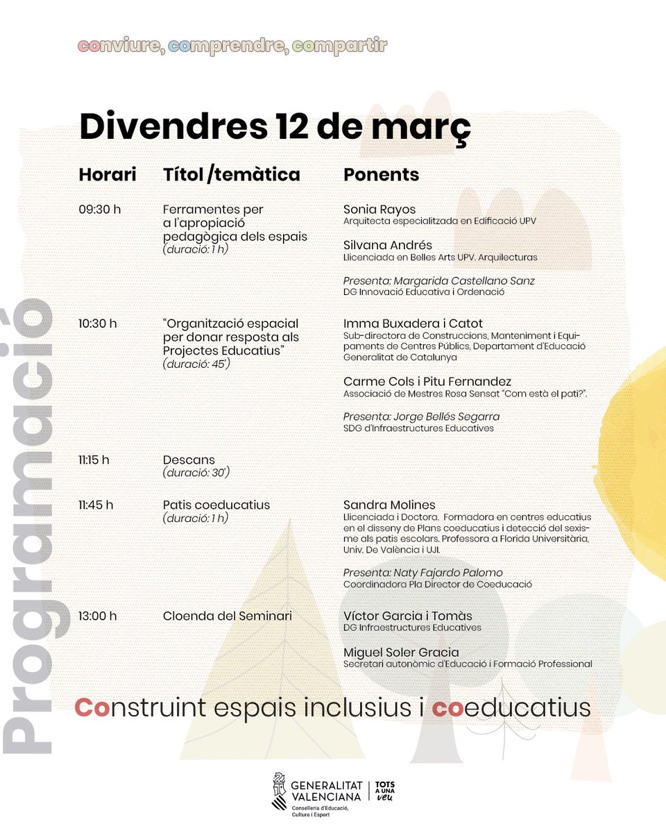GVAeducacio's tweet photo. 🏗️🏫 A les 09:30 hores continuem amb la segona jornada del seminari 'Construint espais inclusius i coeducatius: conviure, comprendre, compartir'.

📺 Podeu seguir-la en directe en https://t.co/cT9H0WArnB https://t.co/4Ll4ZmrvGx