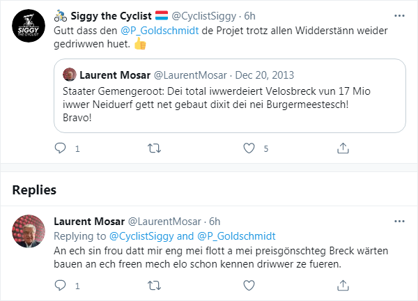 luxembourgize's tweet photo. @CyclistSiggy @P_Goldschmidt 🙄 The strong opinions of the Alderman, who still blocks me as a resident tax payer, before and after the local elections of 2017. Too bad his young wing man #SergeWilmes deleted his Twitter after becoming elected, it would have been a treasure trove. #NeudorfDirectBridge https://t.co/QRzNugoOOh