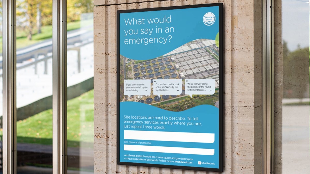 Thames water poster promoting the use of what3words in an emergncy