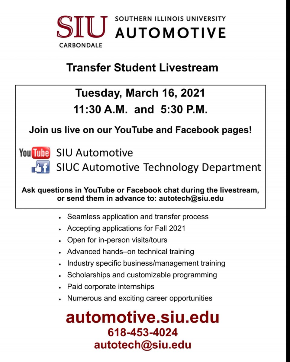 AutomotiveSCC's tweet photo. Save the date for a transfer student livestream. 
Next Tuesday, March 16th at 11:30am and 5:30pm central time. 

#transferprogram.
#SinclairAutomotivestudent https://t.co/la7kHLKtnz