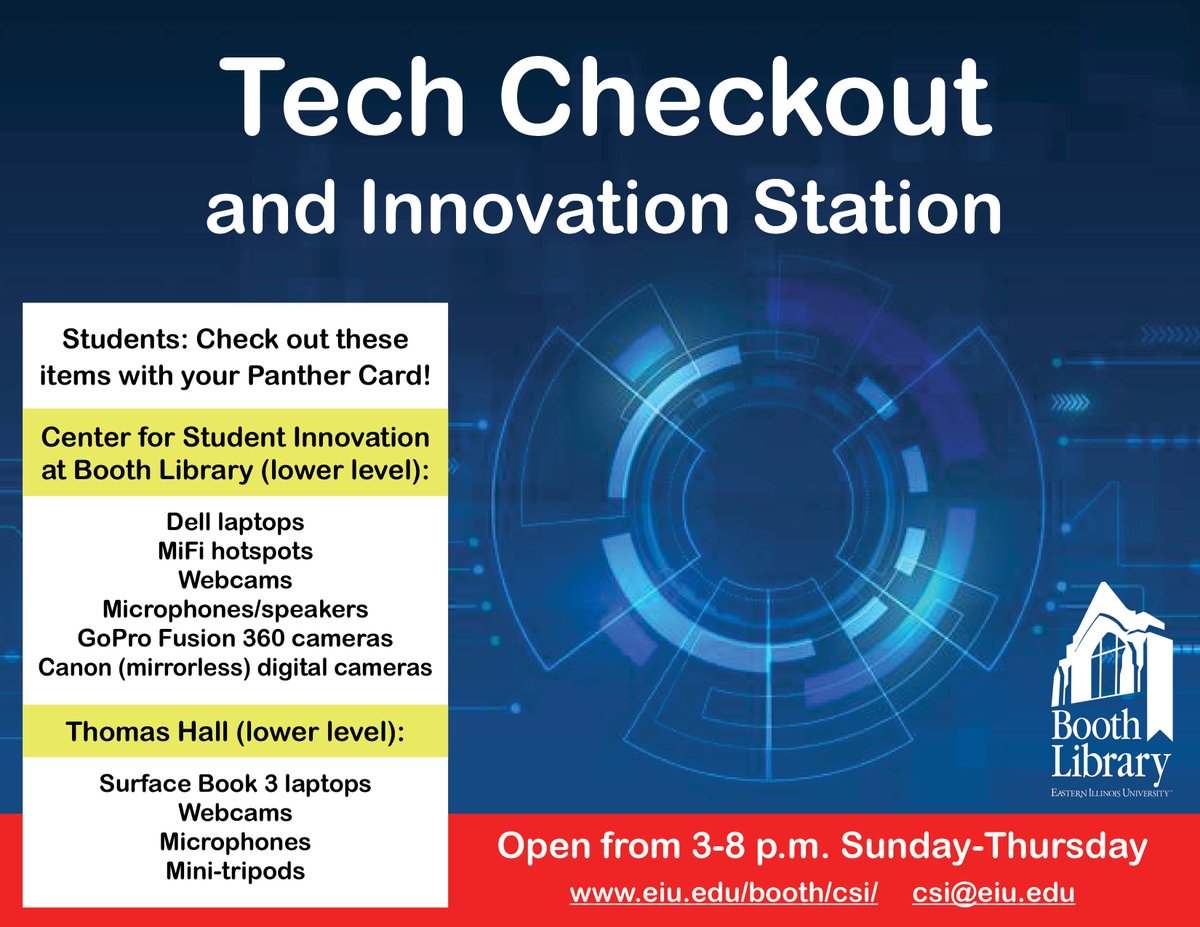 Booth Library, EIU (@boothlibrary) on Twitter photo Students: Do you need a laptop, webcam or MiFi hotspot for Internet access? Our new technology checkout stations are open! <a href="/EIU_CSI/">EIU Center for Student Innovation</a> <a href="/eiu/">#EIU</a> <a href="/boothreference/">EIU Research help</a> @LumpkinCollege <a href="/EIUCHHS/">College of Health and Human Services, EIU</a> <a href="/fdic_eiu/">Faculty Development and Innovation Center @ EIU</a> @BoothBTC <a href="/EIUOISS/">EIU OISS</a> <a href="/EIUvolunteers/">EIUVolunteers</a> <a href="/EIU_LASO/">EIU LASO</a> <a href="/EIU_OIAE/">Office of Inclusion and Academic Engagement</a> <a href="/EIU_GSAC/">GSAC</a> <a href="/EIUStudentLife/">EIU Student Life Office</a> Students: Do you need a laptop, webcam or MiFi hotspot for Internet access? Our new technology checkout stations are open! <a href="/EIU_CSI/">EIU Center for Student Innovation</a> <a href="/eiu/">#EIU</a> <a href="/boothreference/">EIU Research help</a> @LumpkinCollege <a href="/EIUCHHS/">College of Health and Human Services, EIU</a> <a href="/fdic_eiu/">Faculty Development and Innovation Center @ EIU</a> @BoothBTC <a href="/EIUOISS/">EIU OISS</a> <a href="/EIUvolunteers/">EIUVolunteers</a> <a href="/EIU_LASO/">EIU LASO</a> <a href="/EIU_OIAE/">Office of Inclusion and Academic Engagement</a> <a href="/EIU_GSAC/">GSAC</a> <a href="/EIUStudentLife/">EIU Student Life Office</a>