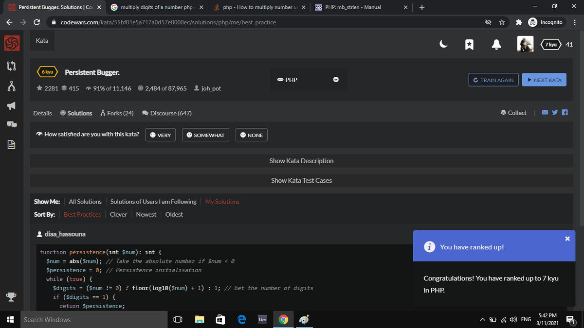 diaa_hassouna's tweet image. I just solved the Persistence Bugger example on Code Wars and got ranked up! 😎
#php #phpchallenge #PHP #100DaysOfCode #tech #webdev #webdevelopers #code #CodeNewbies #CodeNewbie