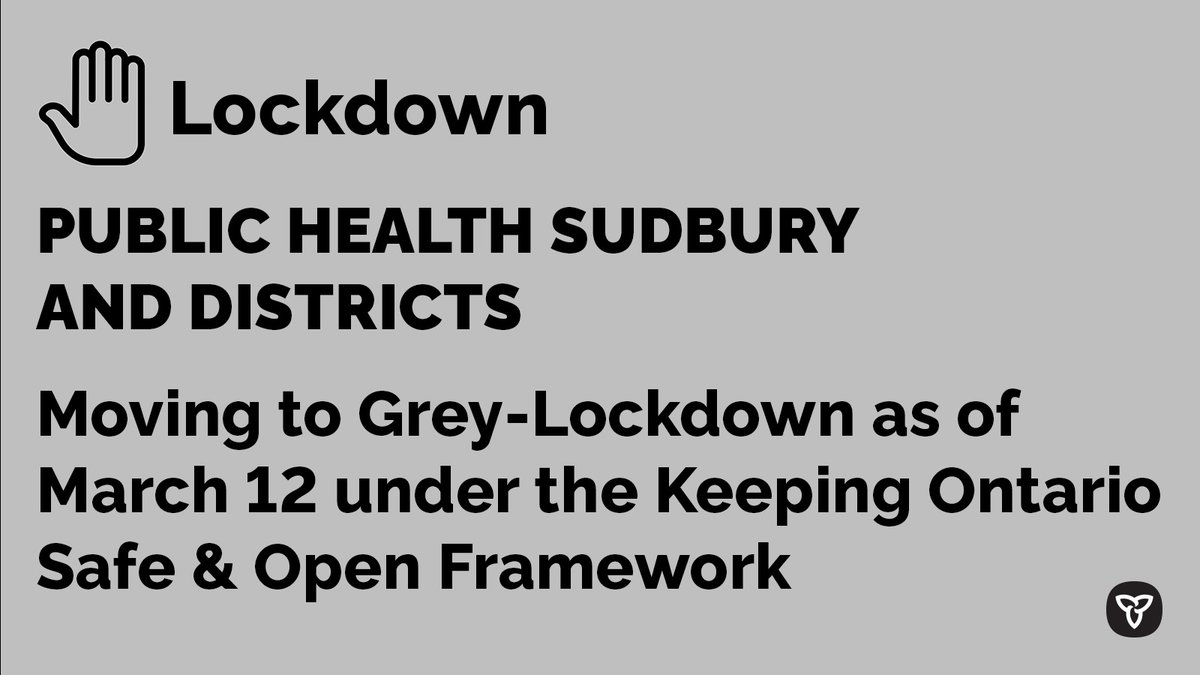 Effective March 12 at 12:01 a.m., Ontario is activating an “emergency brake” to place <a href="/PublicHealthSD/">Public Health Sudbury & Districts</a> into the Grey-Lockdown level of the Keeping Ontario Safe and Open Framework to interrupt transmission and contain community spread of #COVID19. news.ontario.ca/en/release/606…