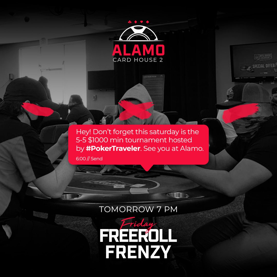 ACH2_Poker's tweet photo. Get ready for Friday's $1500 Freeroll!!

Mar 13th - 6pm
5-5 NLH hosted by
#PokerTraveler 

Call to RSVP 
210-530-1018
#AlamoCardHouse2 #ACH2 https://t.co/d8gSt7YBJ5