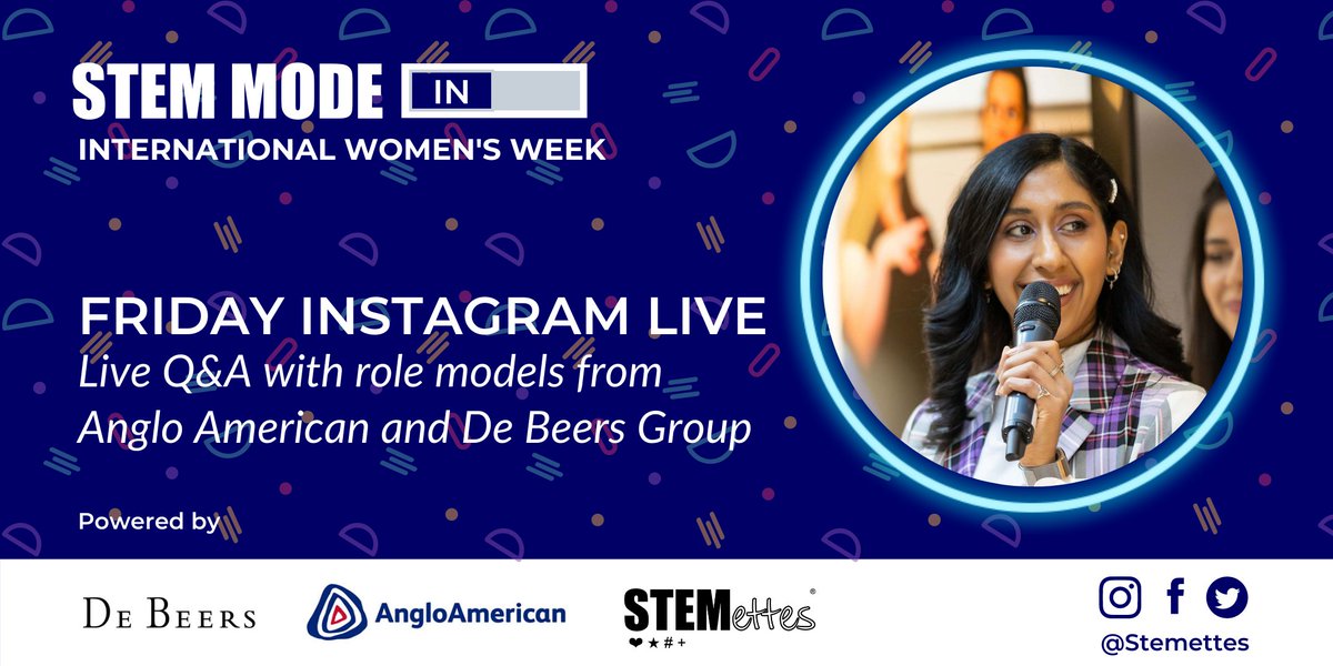 Stemettes's tweet image. STEM MODE IN! 
🎉
In celebration of #InternationalWomensDay we will be hosting a Instagram Live Q&amp;amp;A session with role models from @AngloAmerican and @debeersgroup! 

🔵 Ages 12+
📅 12 March 21, 16:30-17.30 GMT

⏩ eventbrite.co.uk/e/stem-mode-in…

#STEMModeIn
#IWD2021
