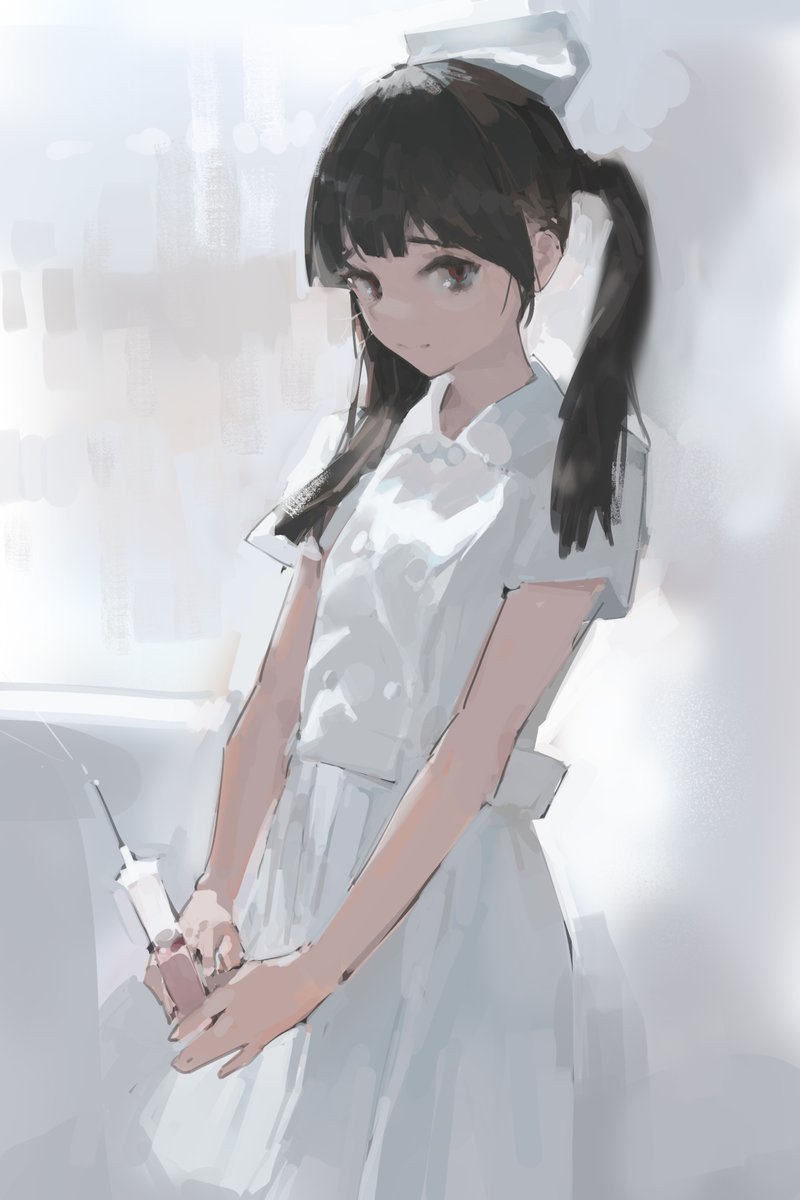 1girl solo twintails nurse looking at viewer syringe black hair  illustration images