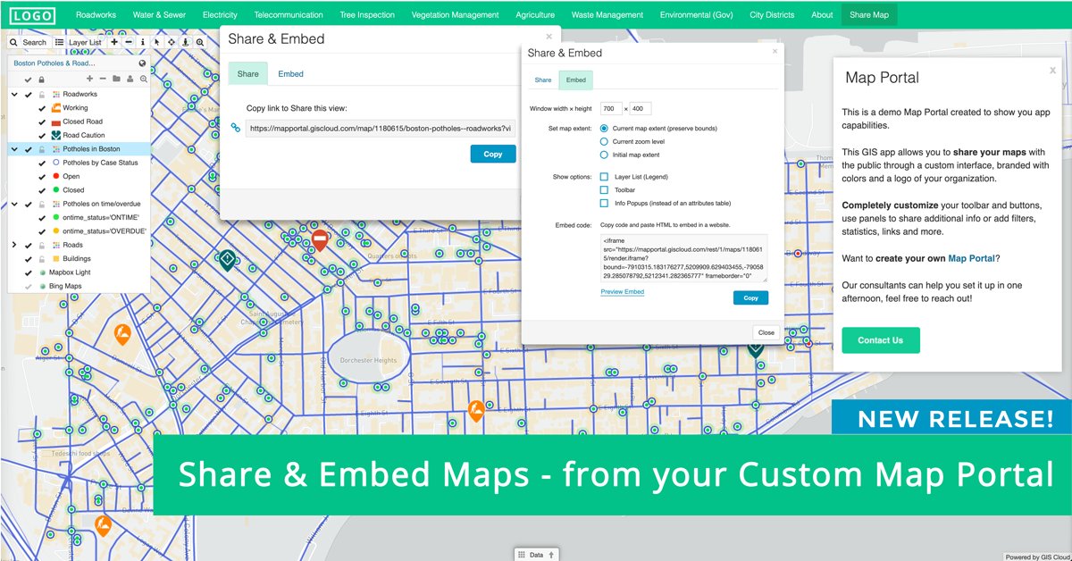 GISCloud's tweet photo. New #MapPortal functionality - "Share & Embed" will make your #mapsharing even more convenient! 🗺️
It's publicly available and will help you share a specific view of the map you need to convey to the public or stakeholders.
https://t.co/px9HWEoDee https://t.co/yLF4vjdnOO