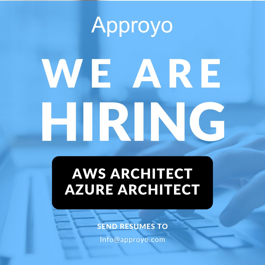 Approyo's tweet image. We are looking for experienced AWS and Azure Architects to join our growing team!

Apply today! 
Azure Architect: buff.ly/3etHHBl
AWS Architect: buff.ly/2OK8u1a

or send your resumes to Info@approyo.com

#AWSArchitect #AzureArchitect #Nowhiring #hiring #Approyo