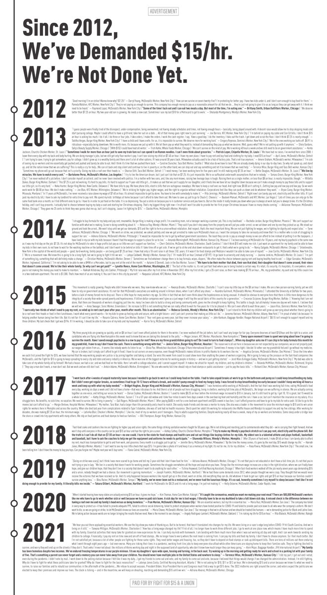 An full-page ad in today's @NYTimes 

"The 2022 midterms are right around the corner. Voters expect the politicians we elected to keep their promises and improve our lives. The clock is ticking.”
-Adriana Alvarez, McDonald’s Worker

#FightFor15 #RaiseTheWage