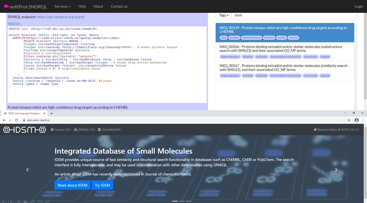 @egonwillighagen <a href="/emblebi/">EMBL-EBI</a> <a href="/bigcat_UM/">BiGCaT Maastricht</a> <a href="/ChEMBL/">ChEMBL Database</a> Happy to have ChEMBL #sparql back via the IDSM endpoint <a href="/ELIXIRCZ/">ELIXIR Czech Republic</a>. Try our queries  at snorql.nextprot.org #chemistry #compchem #drugdesign @egonwillighagen <a href="/JGalgonek/">Jakub Galgonek</a>