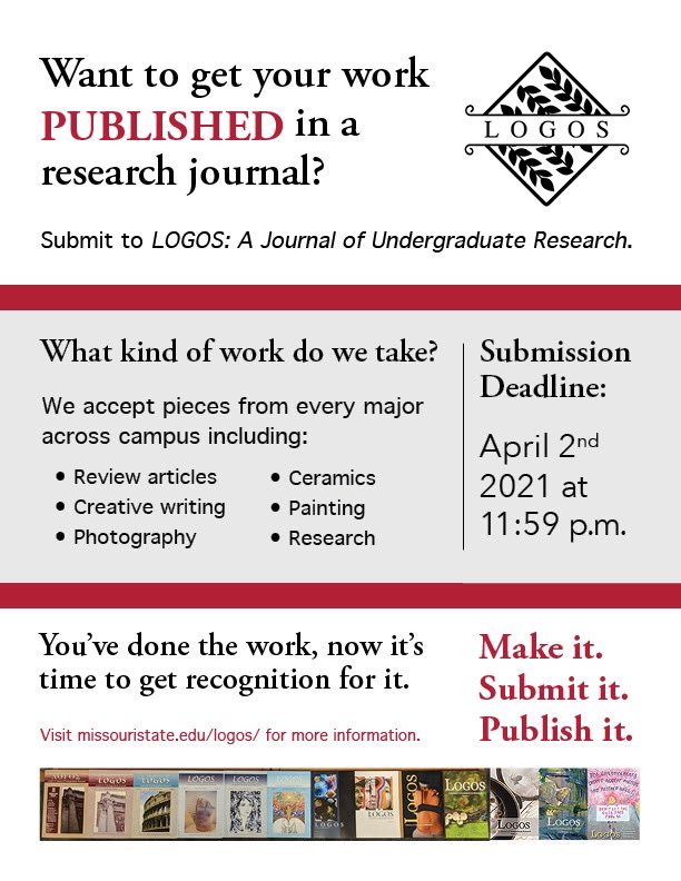 LOGOS: A Journal of Undergraduate Research is interested in possibly publishing some of these works. Please submit your research papers, literature analyses, case studies, art pieces, media pieces, poetry, short stories, etc. to LOGOS.  
Submissions due April 2nd!!