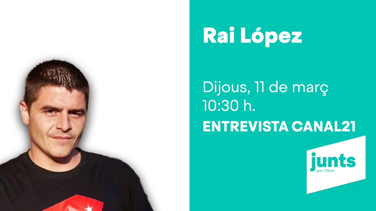 ✅ Destaquem l’entrevista d’aquest matí a l’activista i membre de JuntsxEbre, <a href="/RaiLopezCalvet/">Rai López Calvet</a> al programa Primera Columna de <a href="/Canal21Ebre/">Canal 21 Ebre</a>.  

📲 youtube.com/watch?v=DuMOb4…

#FemHoJunts #JuntsxEbre