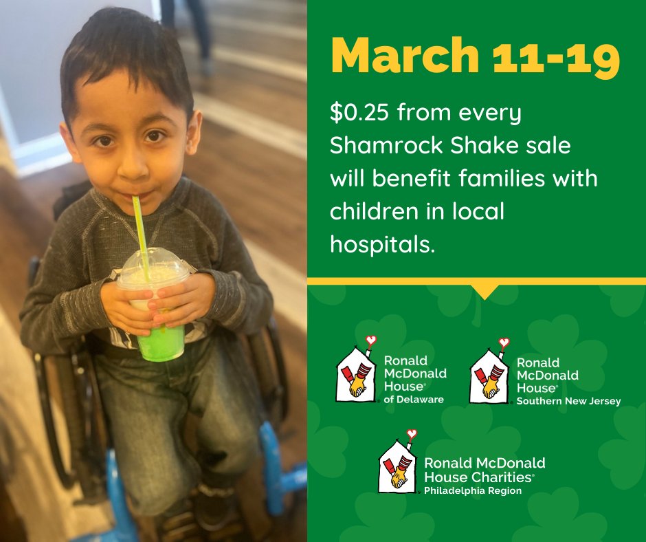 It's Shamrock Shake season! From today until 3/19, 25 cents from every Shamrock shake sold in our area will go toward supporting families staying at our House, @PhilaRMH and @RMHSNJ !