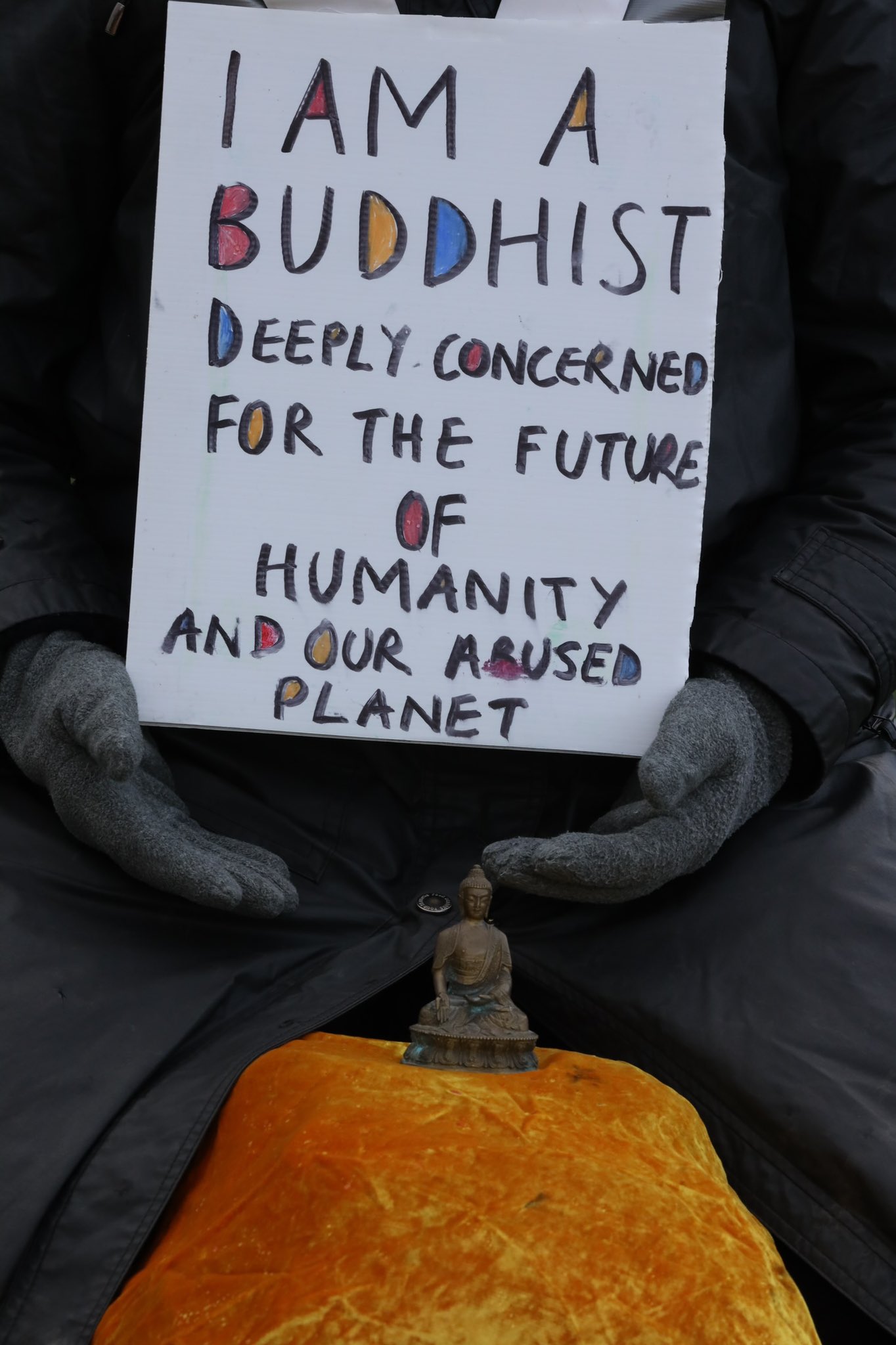 A handmade sign saying 'I'm a Buddhist deeply concerned for the future of humanity and our abused planet'.