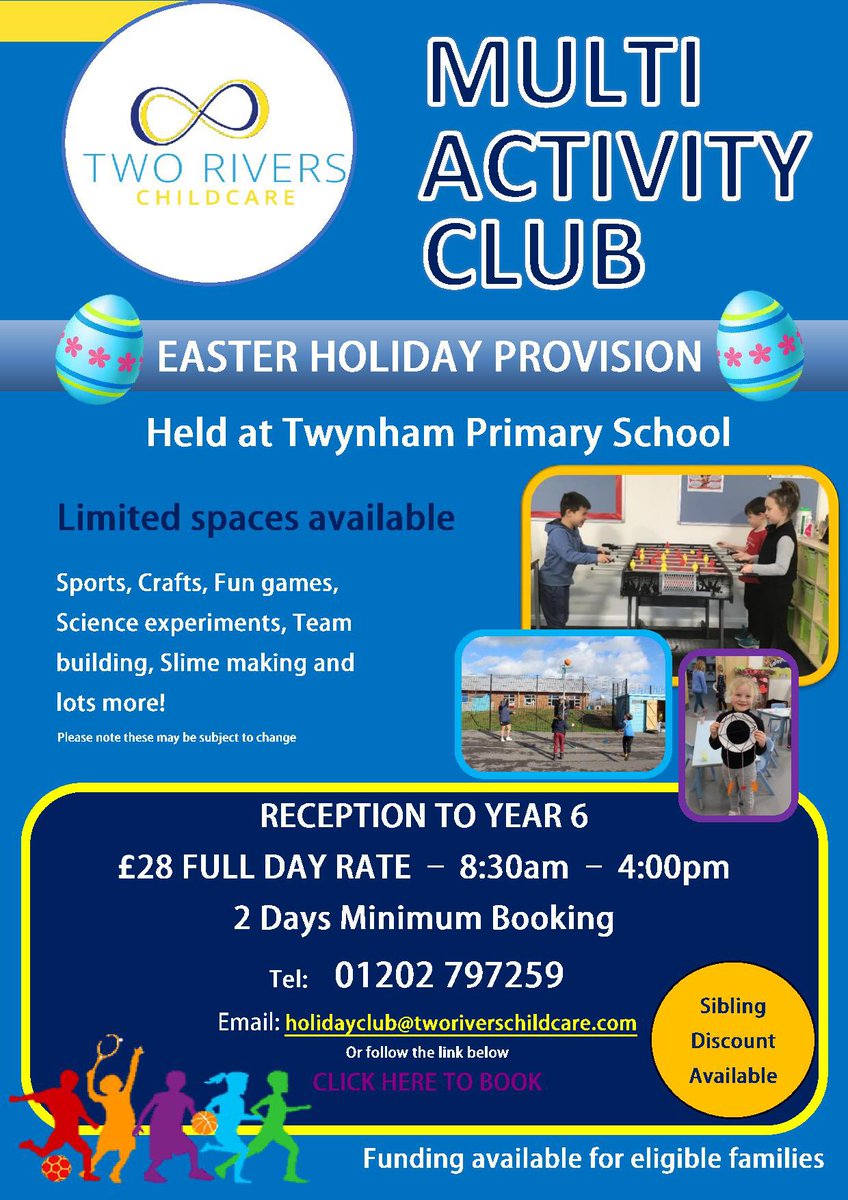 StourfieldInf's tweet photo. Two Rivers Childcare will be running an Easter Holiday Club at Twynham Primary School. All information attached below. Any questions please contact holidayclub@tworiverschildcare.com @TR_Inst https://t.co/XidFChIpMT