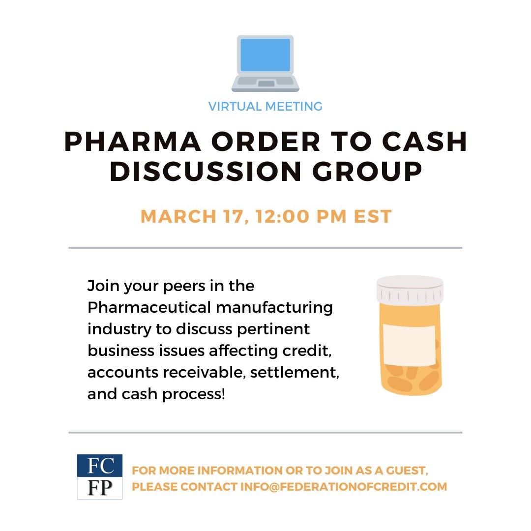 FederationofCr1's tweet image. The Pharma Order to Cash Discussion Group is meeting virtually next Wednesday!

To join as a guest or for more information, please contact info@federationofcredit.com

#creditandcollections #businesscredit #ordertocash #revenuecycle #accountsreceivable