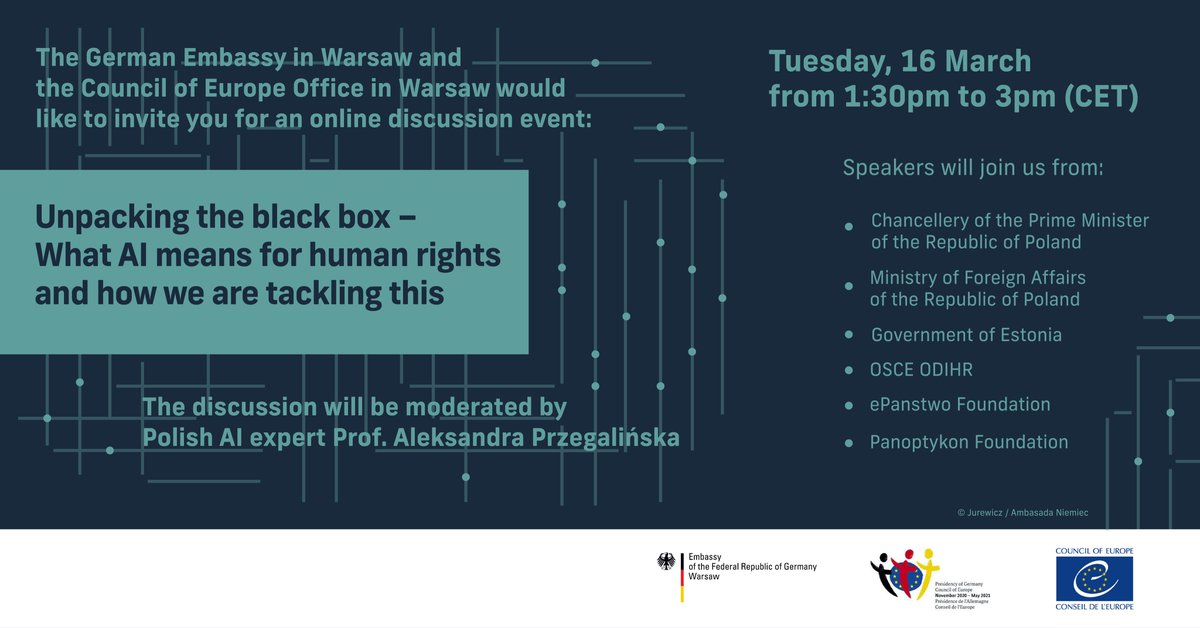 Amb_Berger's tweet image. Curious about how #AI affects your #HumanRights? And how we are tackling this? Then join us on Tuesday at 1:30pm for an online discussion organised by the🇩🇪Embassy and the Council of Europe office in Warsaw🇵🇱. Details and registration👉t1p.de/54fo #COE4AI @GermanyCoE