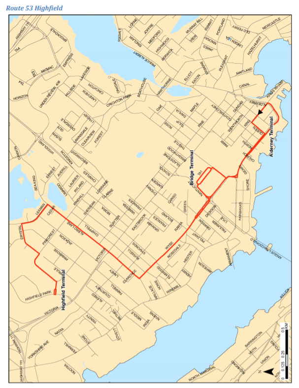 HfxVig's tweet photo. Route 53 will be overhauled to service a line instead of a loop, adding service to Alderney at the cost of loss of service along Victoria. Seems like mostly a positive change, but we'll leave that up to the riders of this route to decide. https://t.co/Dt5vYhPRip