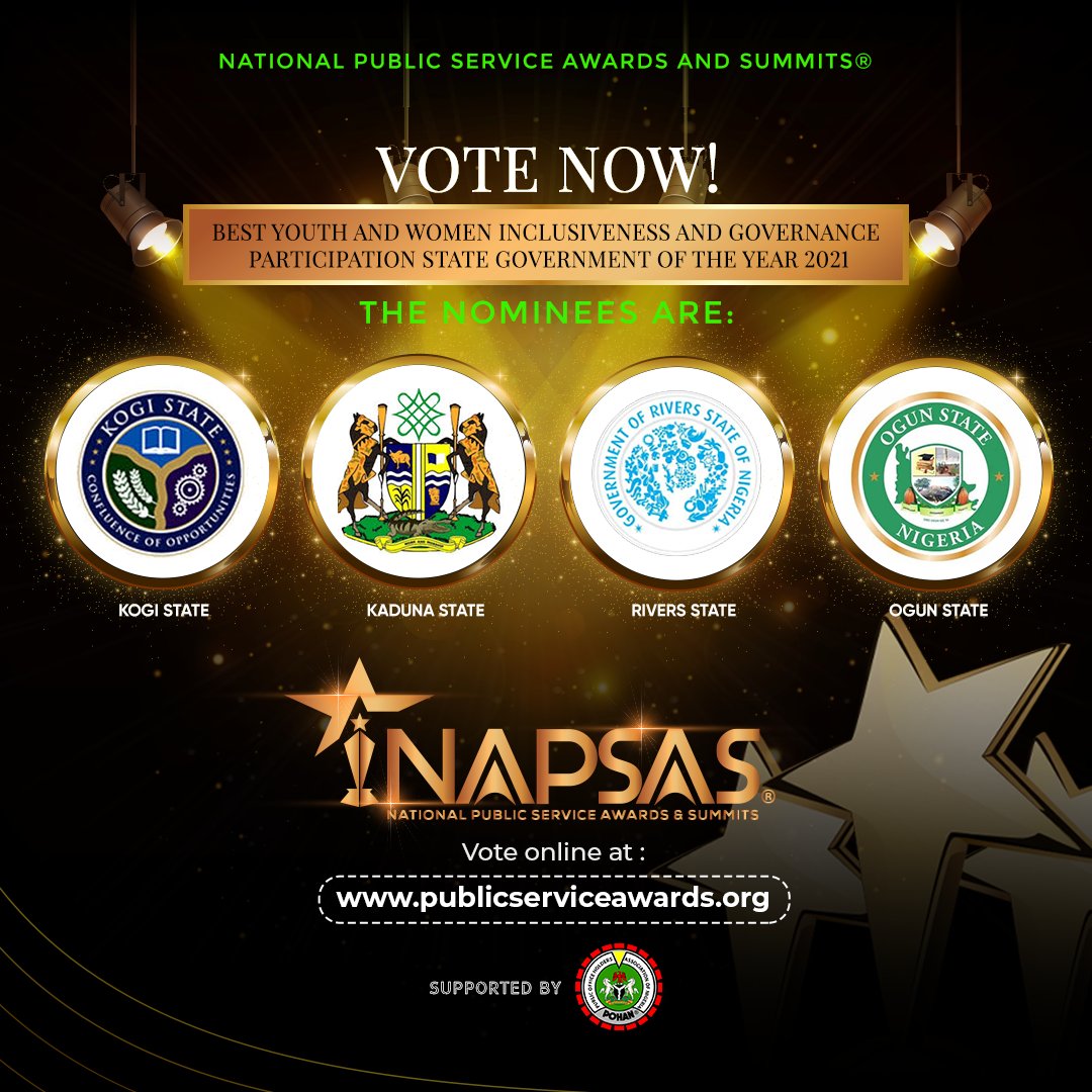 NGPublicService's tweet photo. BEST STATE GOVERNMENT IN YOUTH &amp; WOMEN INCLUSION IN GOVERNANCE 2021

@LugardHouse
@GovKaduna @dabiodunMFR
@OGSGofficial @GovWike
@LeadershipNGA
@MobilePunch @NTANewsNow
@pmnewsnigeria @BBCBreaking
@NTANewsNow

https://t.co/aFNQYDecdn

#PublicServiceDay2021 https://t.co/VqvWYxuqkN