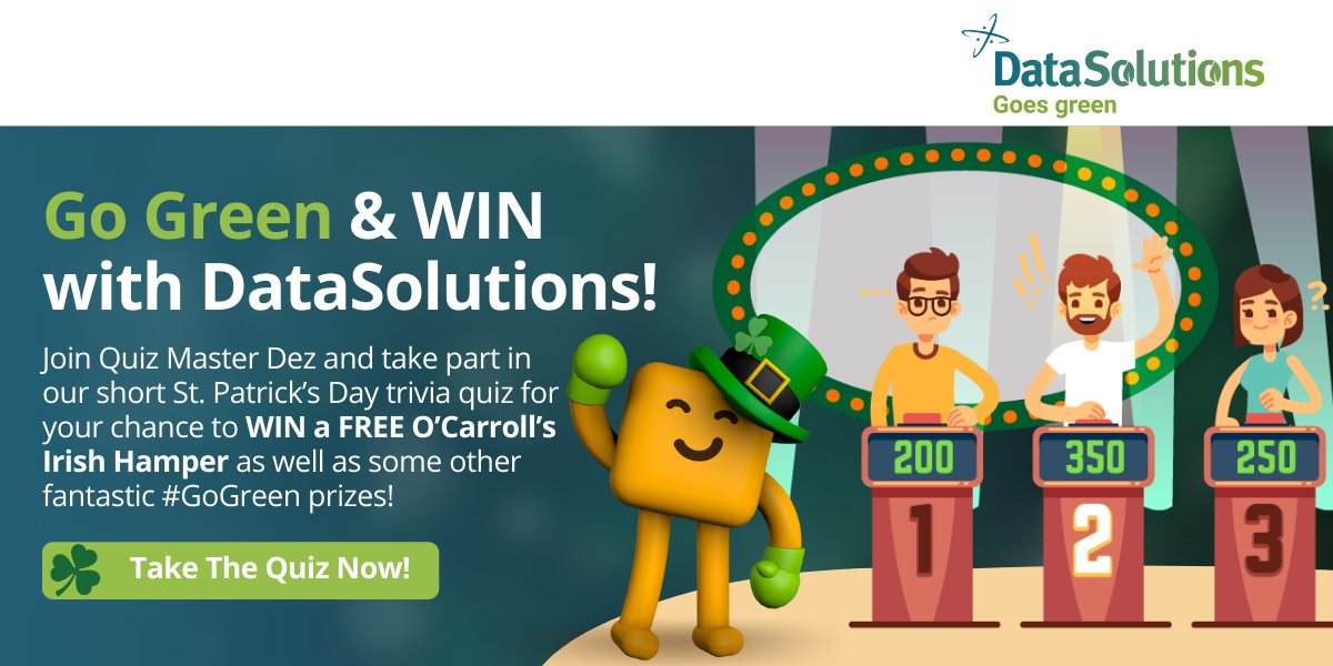 DEZ IS BACK! As part of our #DataSolutionsGoesGreen launch, we are delighted to welcome Dez back to have some fun☘️

Take our quiz and in less than 2 mins, you will be entered into a draw to win one of our fantastic St. Patrick's week prizes!

🔥  bit.ly/3vfR8u8