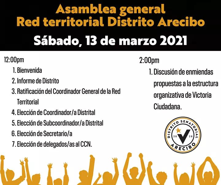 Si vives en el Distrito de Arecibo, regístrate y participa en la Asamblea Distrital del MVC el sábado 13 de marzo desde las 12 pm. Se van a discutir importantes enmiendas y se elegirán les delegades que nos representarán en el Consejo Ciudadano Nacional.

Mvcarecibo031321.eventbrite.com