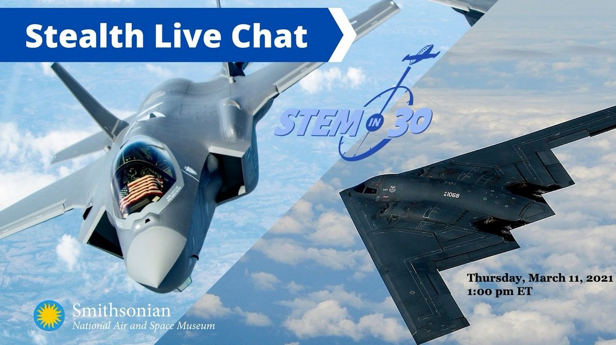 Learn about the intriguing - & sometimes sneaky - science behind becoming undetectable LIVE at 1:00 p.m. EST w/the @airandspace @STEMin30 team and other experts as they discuss the science of stealth and take your questions! #InnovativeAF

facebook.com/STEMin30/