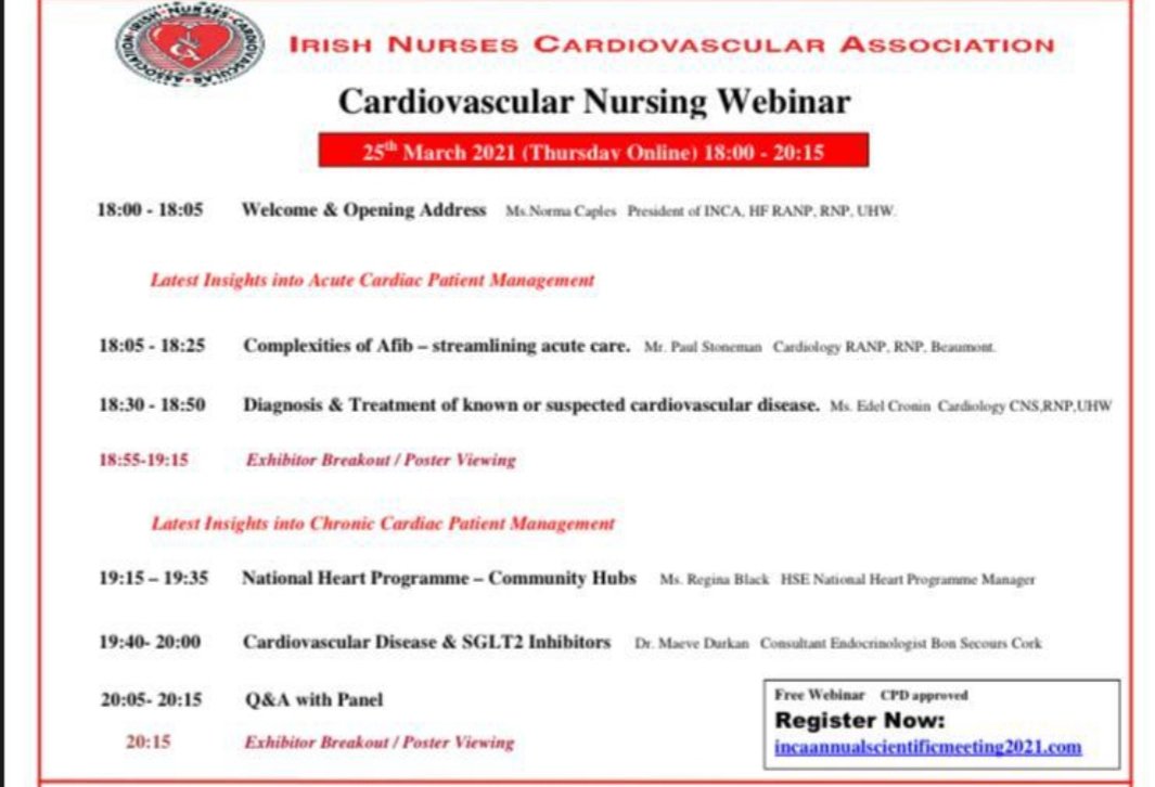 INCA is proud to announce upcoming Annual Scientific meeting. 
March 25th 18:00 - 20:15 #afib #communityhubs #CVD #SGLT2I Register now for FREE incaannualscientificmeeting2021.com