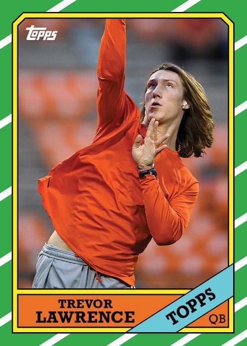 TomVH's tweet photo. Here are a few of the card designs from the Trevor Lawrence set that will be released by @Topps in April. All 50 cards will have a unique design, 20 are created by Lawrence’s brother and sister-in-law https://t.co/Gb93dkQeCN