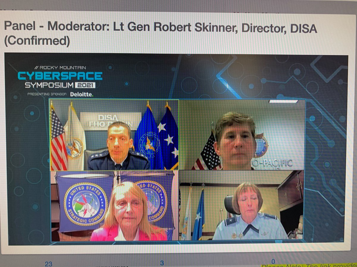 Good Morning from RMCS21! Join our live panel hosted by Lt Gen Skinner, DISA Director, Brig Gen Hayworth, Liz Durham-Ruiz and BG Denise Brown discussing cybersecurity challenges across the DoD. 
#RMCS21 #AFCEARMC #cyberspace