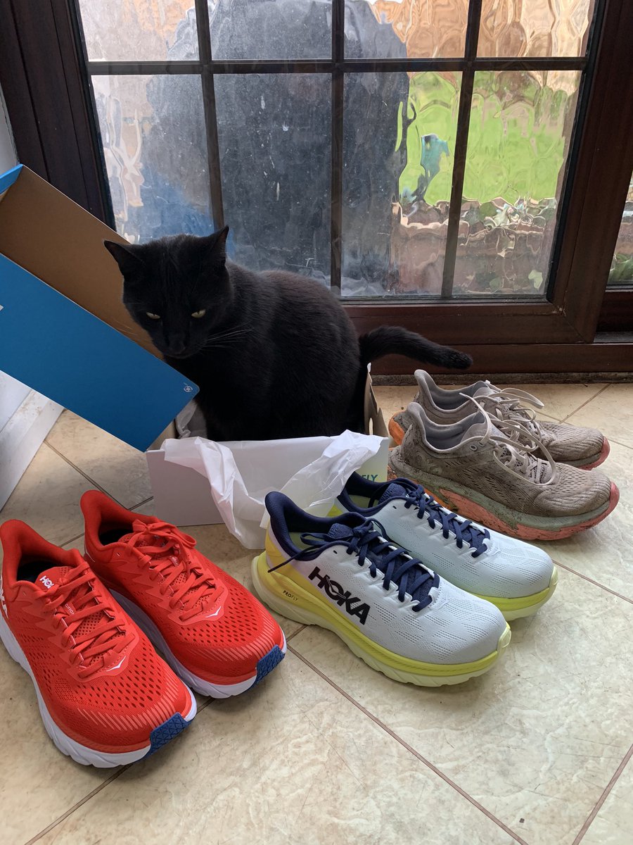 DwayneRuns's tweet image. New additions to my @HOKAONEONE collection replacing the Clifton Edge after 1000km . Cats happy with the box .
