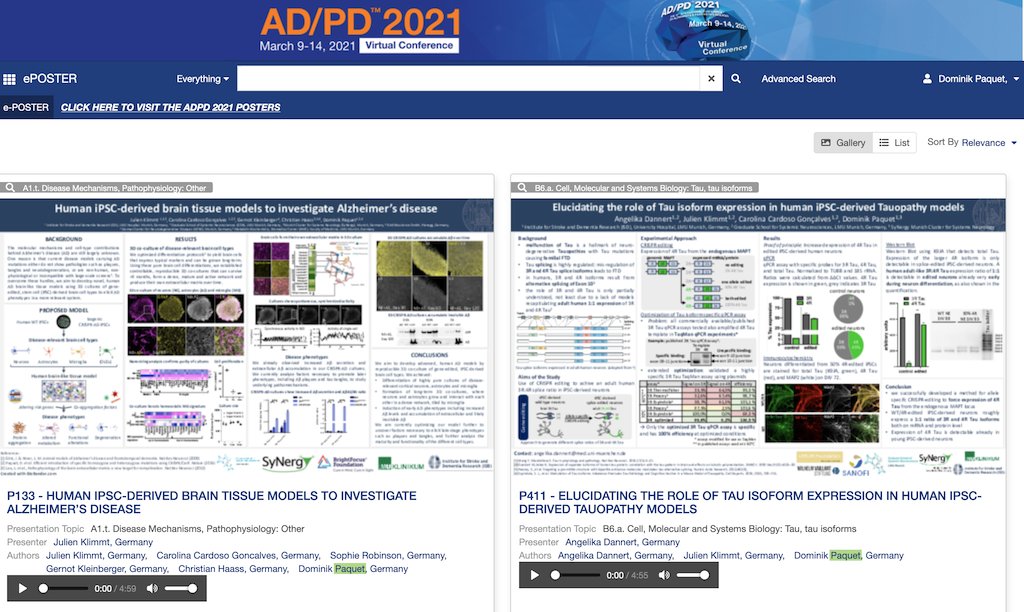 Very happy to be at the virtual <a href="/adpdnet/">AD/PD - Advances in Science & Therapy</a> #ADPD2021! <a href="/JulienKlimmt/">JulienKlimmt</a> and <a href="/AngelikaDannert/">Angelika Dannert</a> from the lab are presenting posters describing our work on #CRISPR edited #iPSC based brain tissue models of #Alzheimer’s disease and #Tauopathies. Check them out if you are attending!
