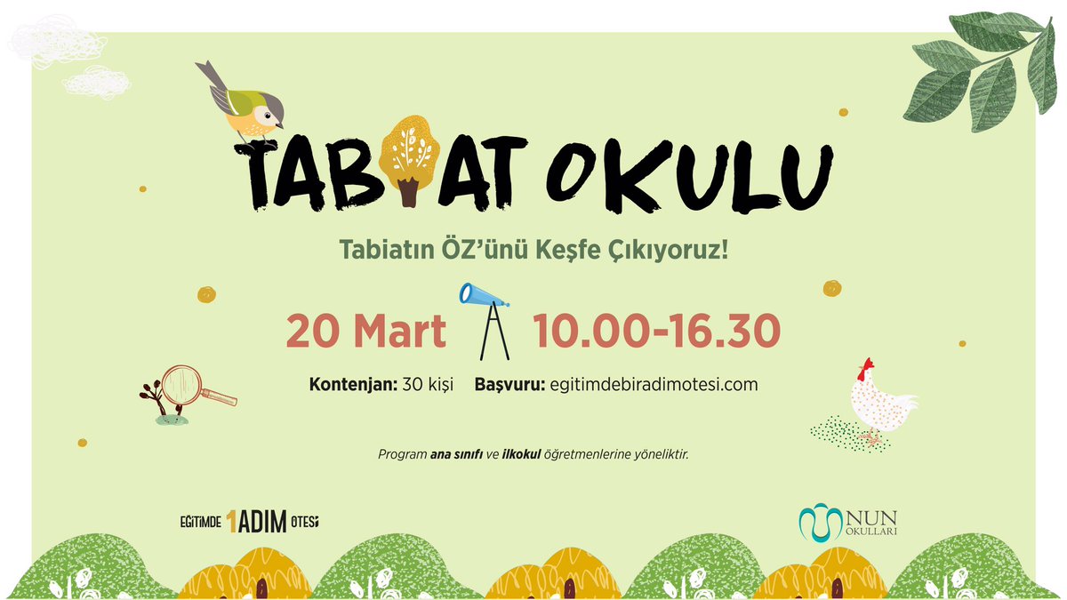 Tabiatın ÖZ’ünü keşfe çıkıyoruz! NUN Okulları Beykoz kampüsünde gerçekleşecek Eğitimde Bir Adım Ötesi Tabiat okulu, 20 Mart tarihinde tüm ana sınıfı ve ilkokul öğretmenlerini tabiatın işaretlerini okumaya davet ediyor.
Başvuru için linke tıklayın! egitimdebiradimotesi.com/basvuru/tabiat…