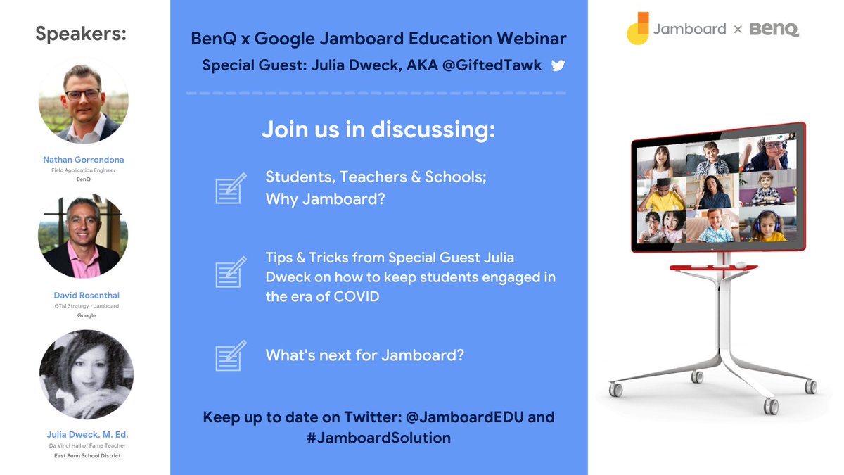Jamboard x BENQ for Education (@jamboardedu) on Twitter photo Google x BenQ Education #Webinar! 📆 with special guest and Da Vinci Hall of Fame Teacher <a href="/GiftedTawk/">Julia's #STEAMing up Learning!</a>
Register Below 👇🏽
bit.ly/30aUxvX
#JamboardSolution #Education Google x BenQ Education #Webinar! 📆 with special guest and Da Vinci Hall of Fame Teacher <a href="/GiftedTawk/">Julia's #STEAMing up Learning!</a>
Register Below 👇🏽
bit.ly/30aUxvX
#JamboardSolution #Education