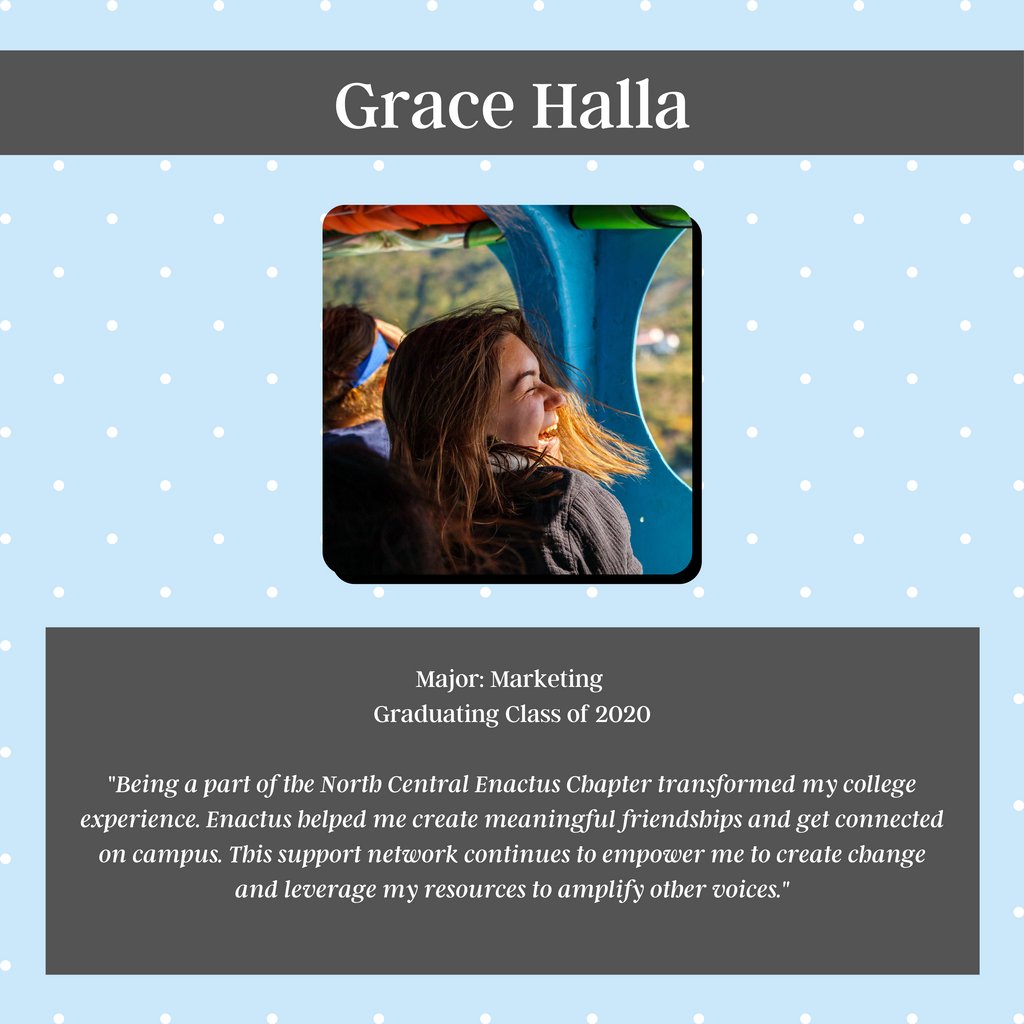 This week's alum is Grace Halla! Fun fact: last year, she helped establish our Artisan project. Currently, she’s the Marketing Coordinator at a supply chain and manufacturing company located in Naperville.