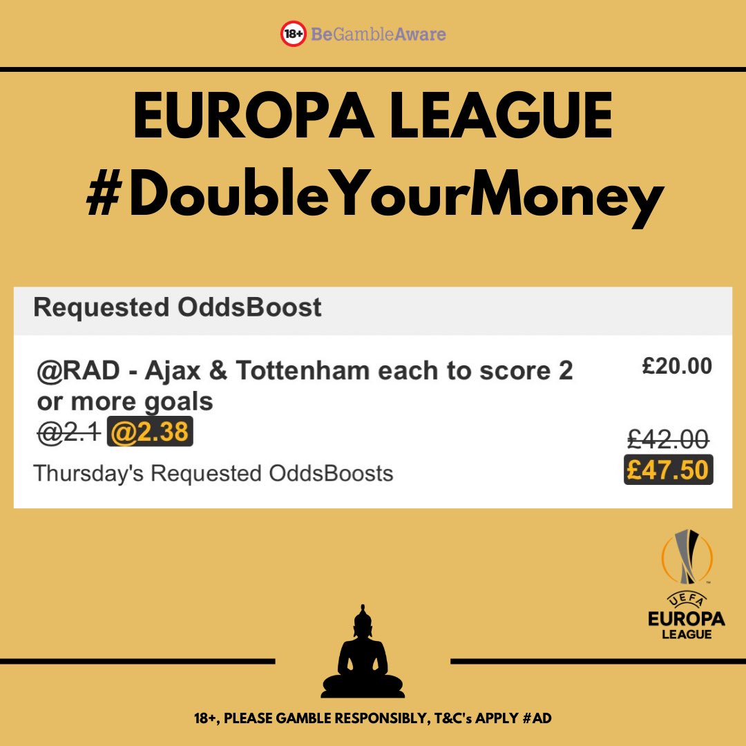 Betting_Buddha's tweet photo. Europa League #DoubleYourMoney

Load bet ➡️ https://t.co/CtCKTVETKJ

Join Betfair with the link below and get a £20 risk free bet to start with: https://t.co/ecj1miKAHB

18+, Gamble Responsibly, T&amp;C’s Apply, #Ad https://t.co/NuwF3kS7GD