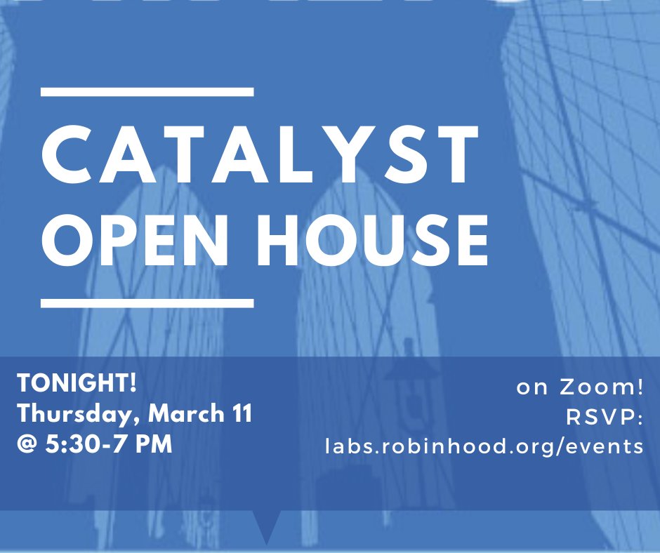 Our Open House for Catalyst is tonight! 5:30-7 pm EST on Zoom. Learn about the program that provides $60k + community + support for social entrepreneurs building tech for good. Learn more from the Blue Ridge Labs team &amp; alumni!

RSVP here: labs.robinhood.org/events/open-ho…