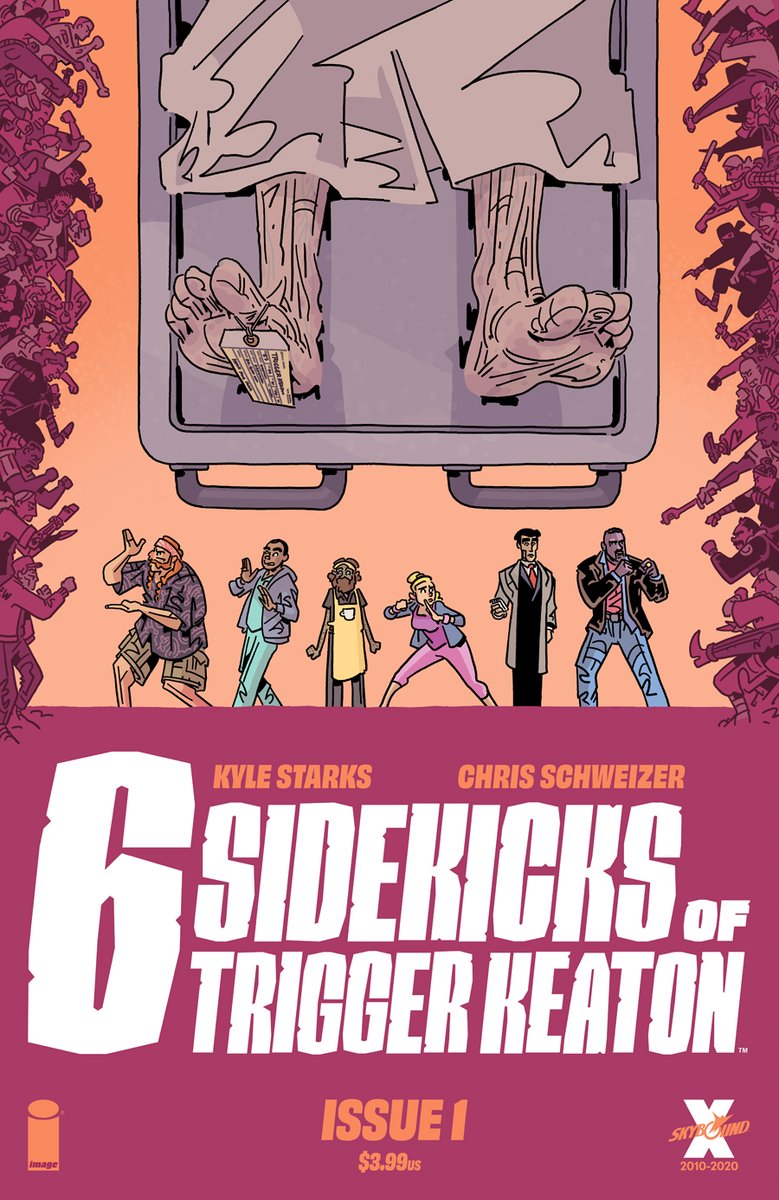 Me and & @TheKyleStarks's newest, from @Skybound/@ImageComics:

6 SIDEKICKS OF TRIGGER KEATON

When the worst man in Hollywood is murdered, his 6 former supporting actors (whose careers he tanked) have to fight stuntpeople, ninjas, bikers, & more if they want to solve the crime. 