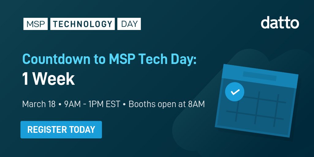 datto's tweet photo. Only a week to go until Datto's next MSP Tech Day focused on cyber resilience! We can't wait to dive in and help MSPs throughout the Channel succeed! Register now! #DattoMSPTechDay https://t.co/JiaRtzYp5b https://t.co/hBl4LkC6Jd
